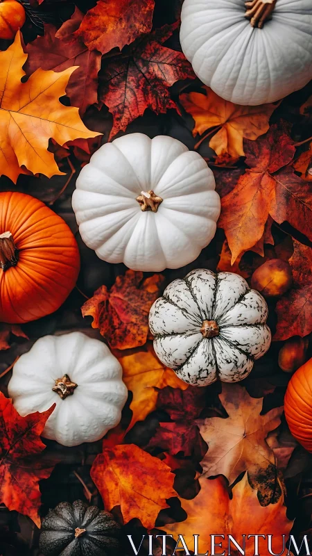 White heirloom pumpkins on vibrant autumn foliage flatlay.