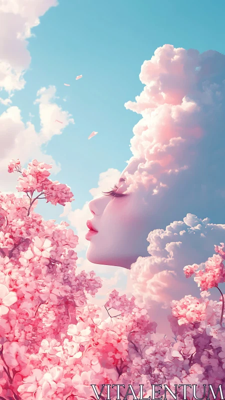 Dreamy cloud maiden rests among soft pink blossoms