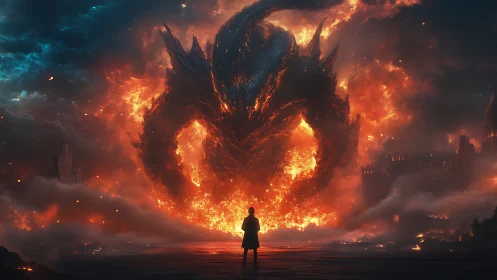 Digital painting of apocalyptic fire titan confronting lone figure.