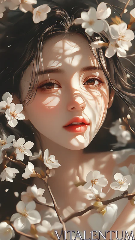 Soft spring light caresses a serene face framed by blossoms