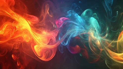 Multicolored fluid light forms intersect across dark canvas