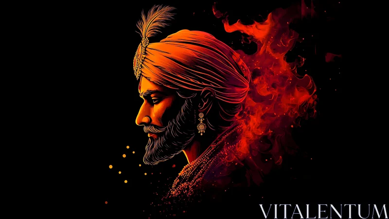 Warrior king profile in burning crimson digital portrait.