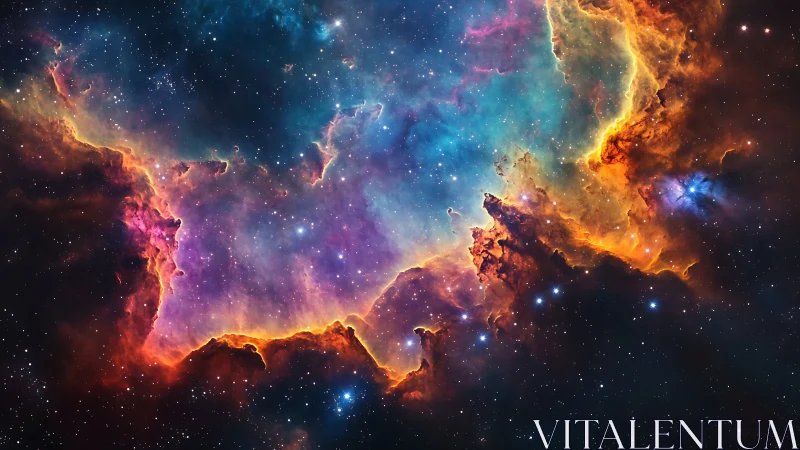 Colorful deep space nebula with glowing gas clouds.