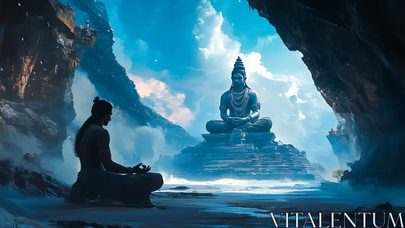 Meditative yogi before colossal Shiva statue in azure cavern.
