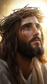 Photorealistic devotional portrait with crown of thorns focus.