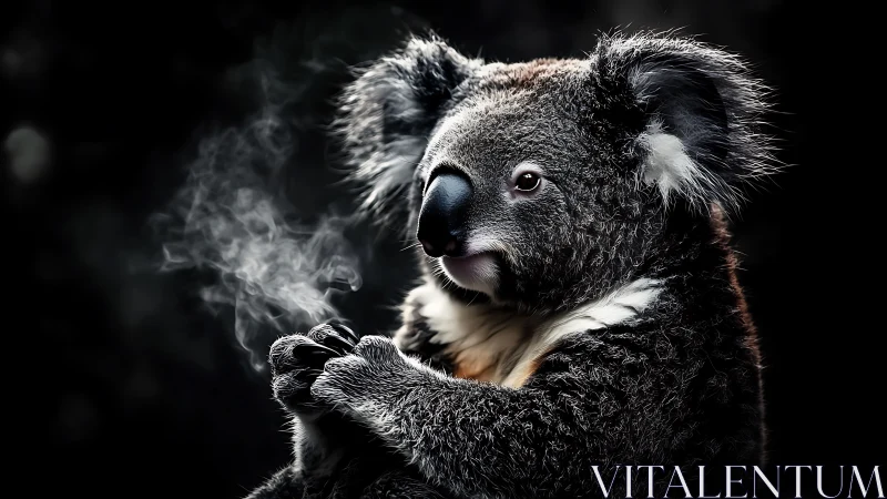 Midnight koala conjures curling smoke in quiet hush.