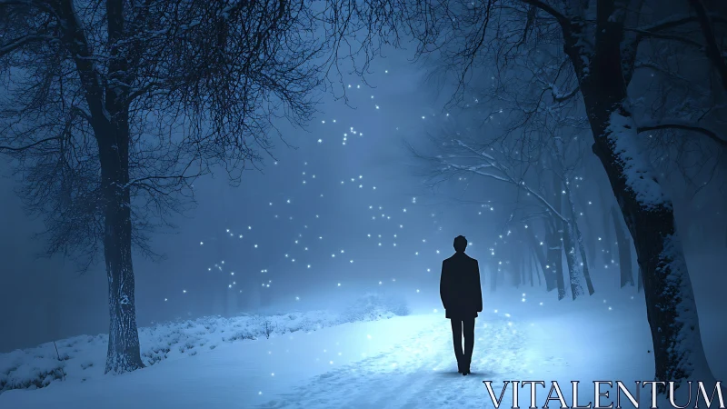 Solitary figure walks through snowy forest under blue night
