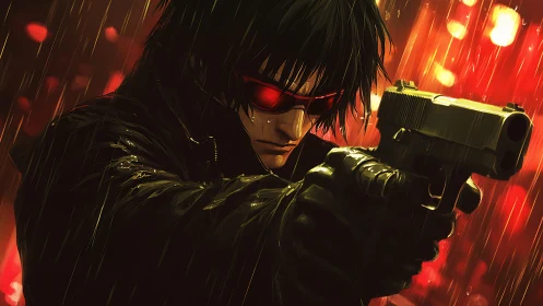 Armed figure in red lit rain with focused expression.