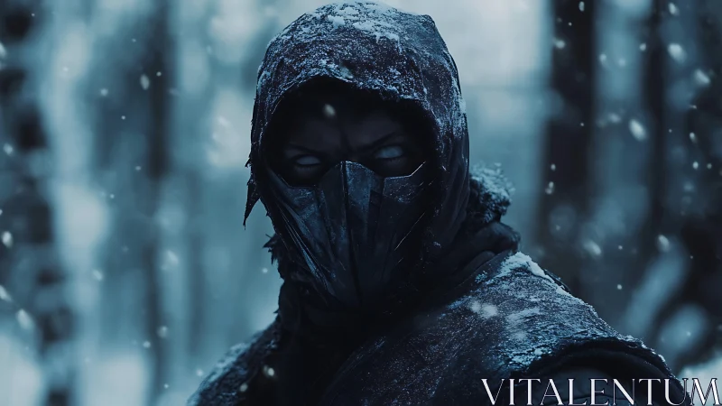 Masked ice warrior stalks through frozen shadowed forest.