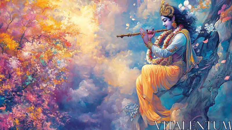 Digital painting of divine flutist amid luminous blossoms.