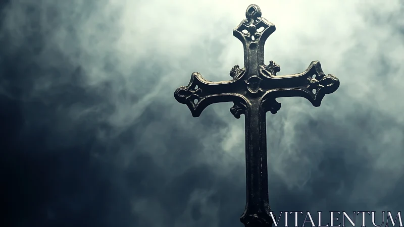 Weathered metal cross rises calmly through soft swirling mist