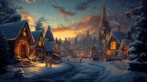 Luminescent winter village streetscape under crystalline snowfall.