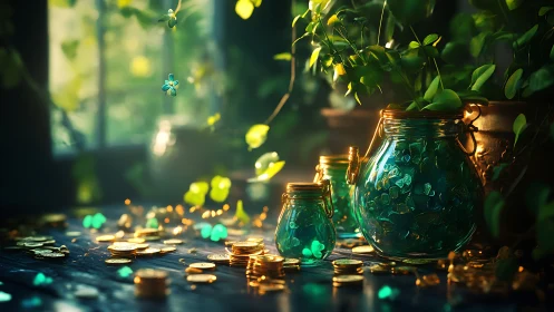 Enchanted clover jars shimmer with spilled gold and daylight.