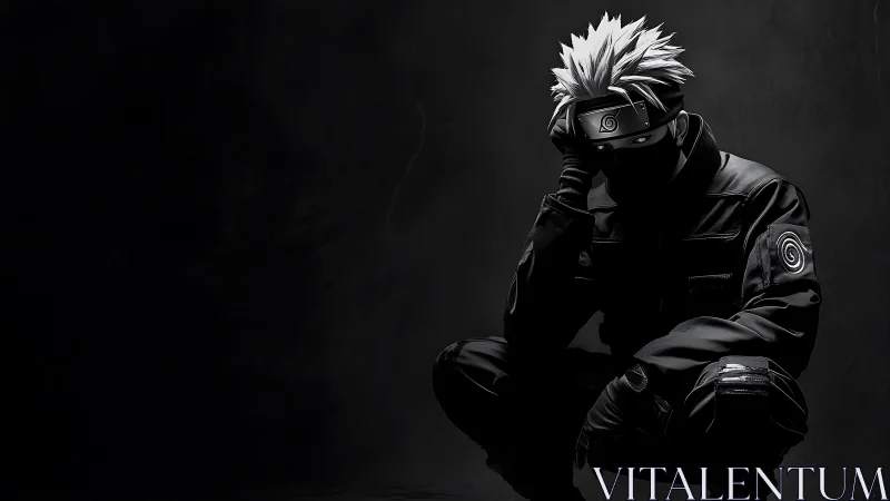 Shadow-kissed ninja crouches where silver hair cuts night