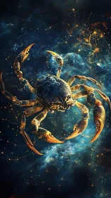 Golden cosmic crab against starry blue nebula sky.
