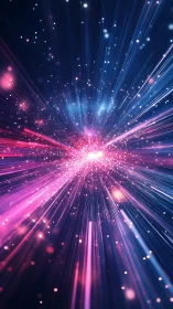 Radial quantum light burst with magenta cyan energy streaks