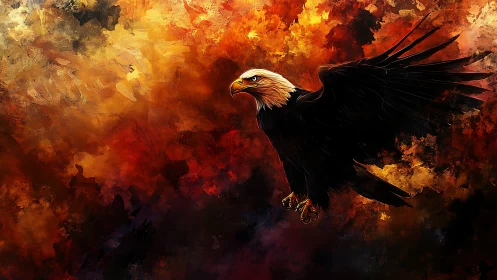 Majestic Bald Eagle in Flight Over Fiery Abstract Background.