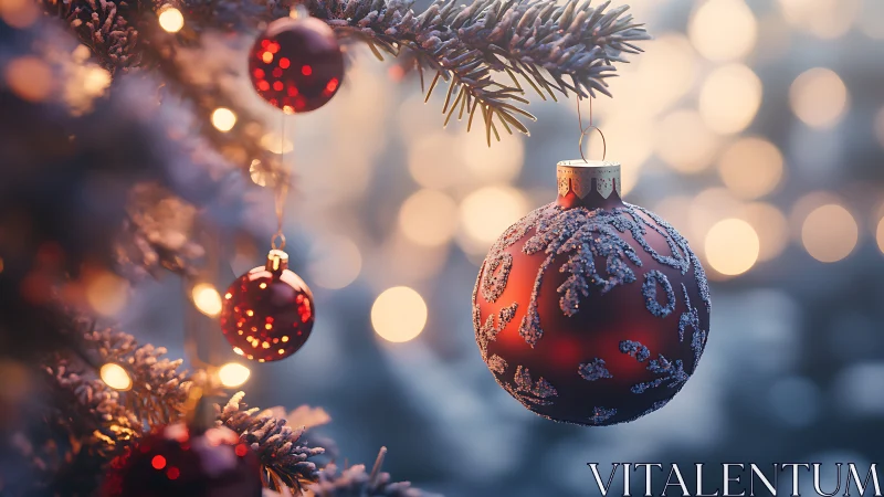 Red Christmas baubles glow against soft winter bokeh.