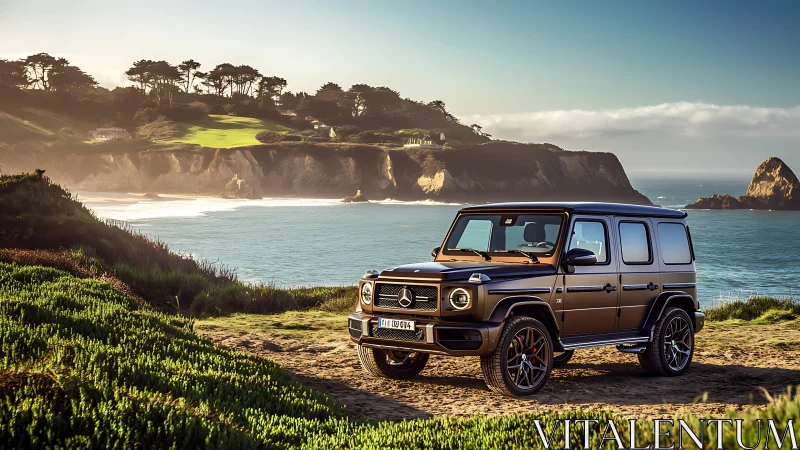 Mercedes G-Class SUV on coastal cliffside at golden hour