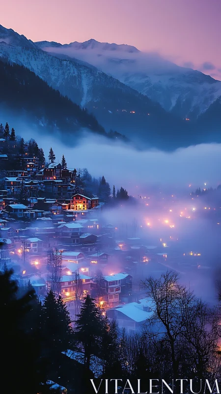 Mountain settlement with winter fog and evening lights.