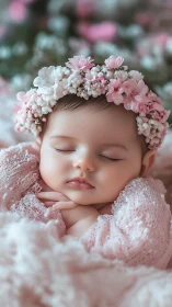 Sleeping baby adorned with delicate pink and white floral crown.