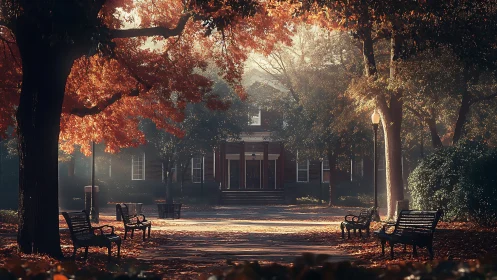 Autumn campus walkway under warm backlit foliage forms axial vista