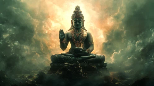 Radiant celestial Buddha statue amid swirling storm clouds.