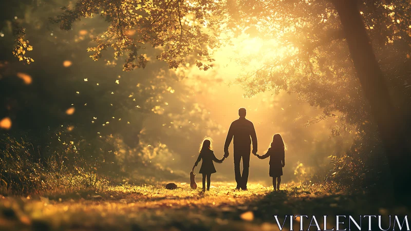 Father Walking Children Through Golden Forest Light.