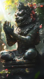 Bronze guardian lion statue in dappled forest light rendered