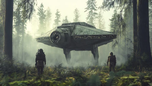 Retro-futurist exploration dropship landing in misty conifer forest