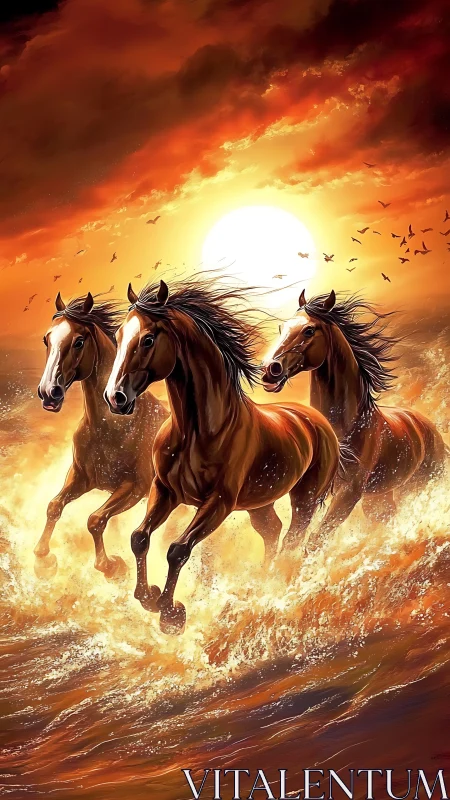 Wild stallions charge through fiery surf beneath blazing sun