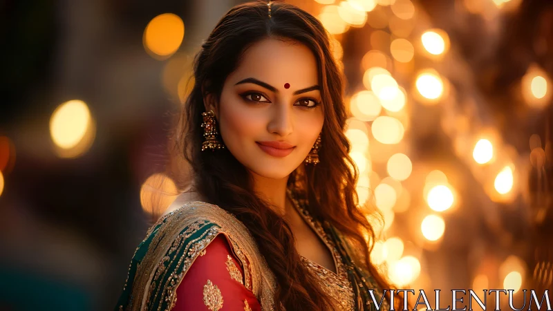 Indian woman in festive attire with warm bokeh lights.
