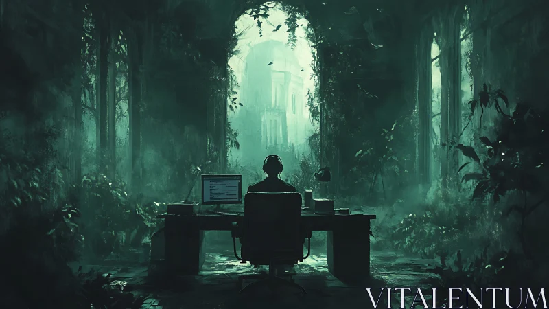 Solitary coder in overgrown cathedral office, teal haze.