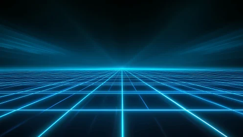 Neon data horizon streaking toward a glowing grid dawn.