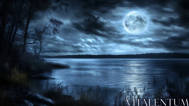 Moonlit forest shoreline under brooding nocturnal sky.