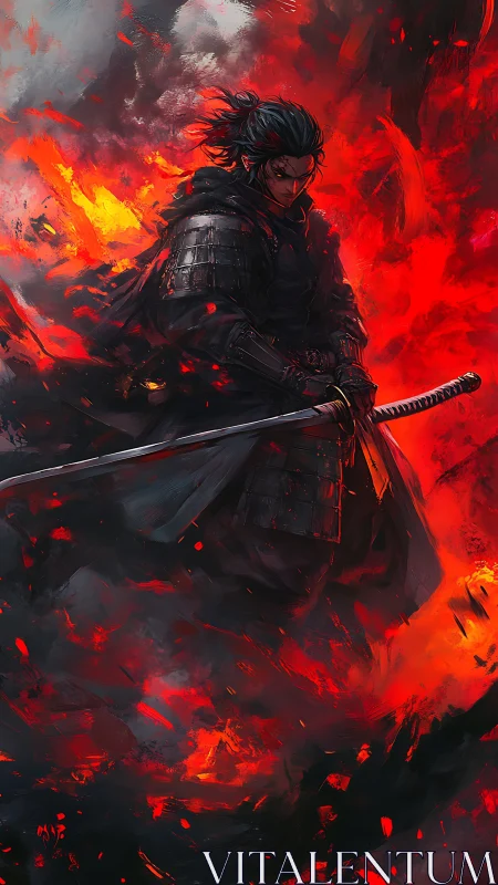 Armored swordsman emerges through turbulent red-black inferno
