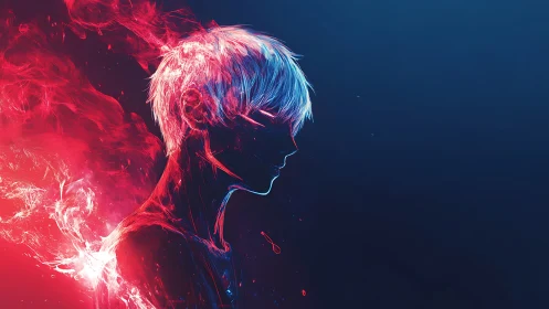 Neon silhouette of burning youth in red and blue glow.