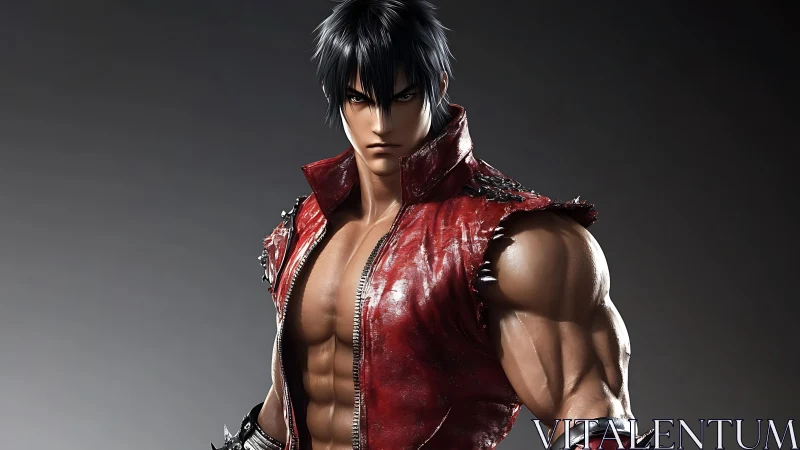 Leather-clad fighter glares through cinematic studio shadows