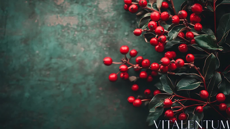 Macro study of red winter berries on teal textured backdrop