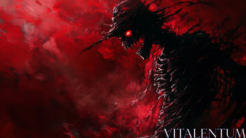 Sinister red-eyed shadow entity in chaotic crimson void.