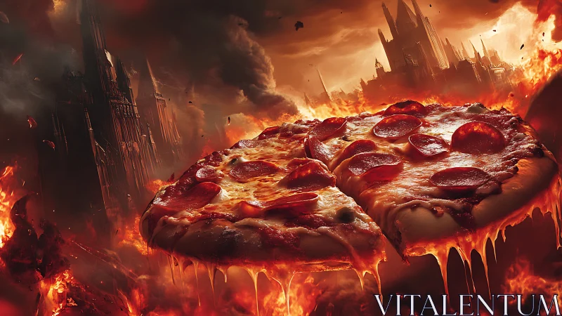 Pepperoni pizza slices in fiery infernal fantasy landscape.