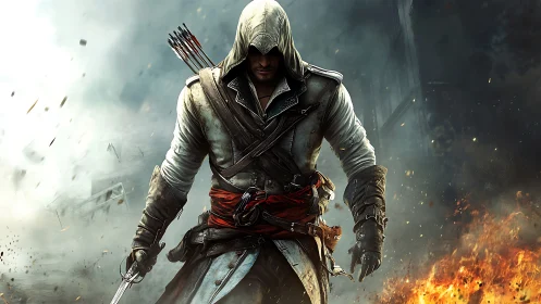 Hooded rogue warrior strides through burning battlefield.