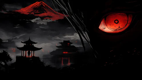 Blood-red moonlit eye watches over haunted samurai temples.