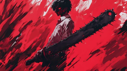 Dynamic low-angle anime figure wields spiked chainsaw in red field