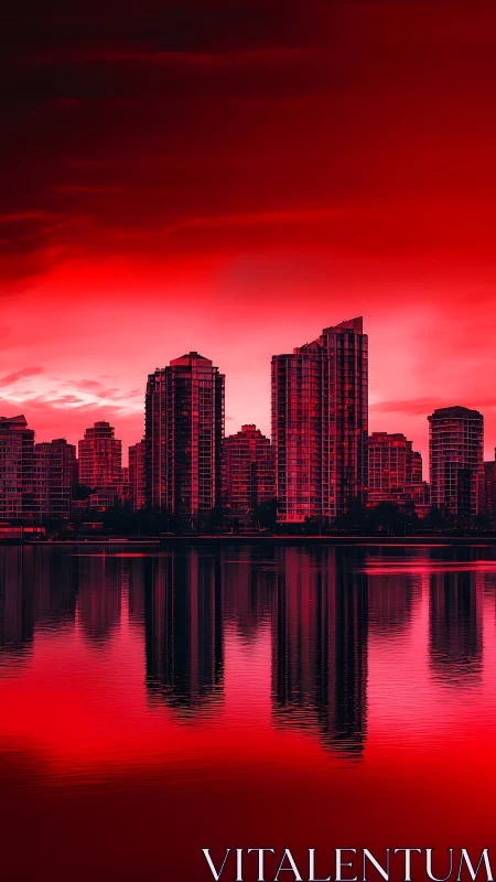 High-rise waterfront skyline under monochrome red atmospheric gradient