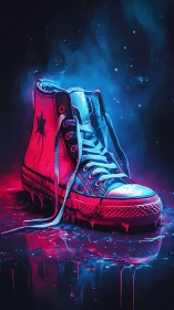 Neon high top sneaker with melting sole and smoke backdrop.