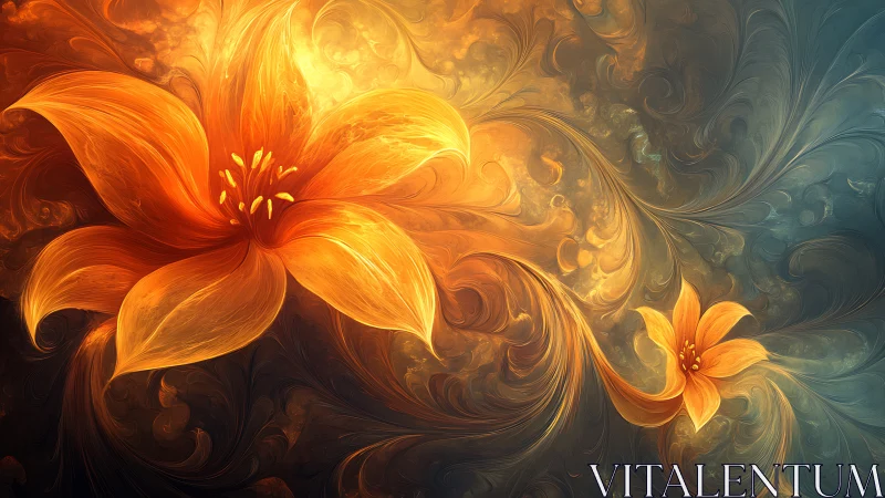 Fractal luminous orange lilies in swirling abstract vortex
