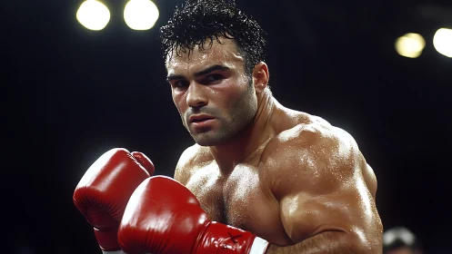 Professional boxer in red gloves under ring lights