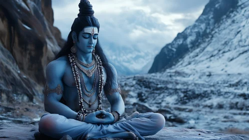 Serene blue yogi in snowy mountainside meditation glow.