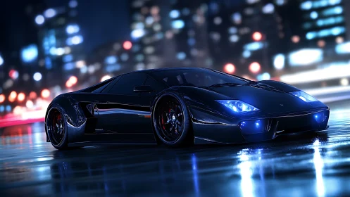 Midnight supercar rendered in high-gloss neo-noir 3D lighting
